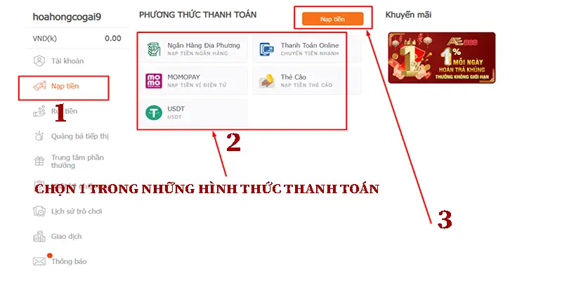 Các hình thức nạp tiền AE888